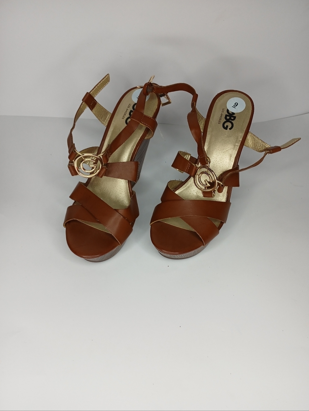 BCBG Brown Wedge Sandals Size 9 | Strappy Platform Heels with Gold Logo | Elegan